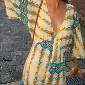 En Creme floral blue & yellow maxi dress with sleeves; v-neck; size S Small